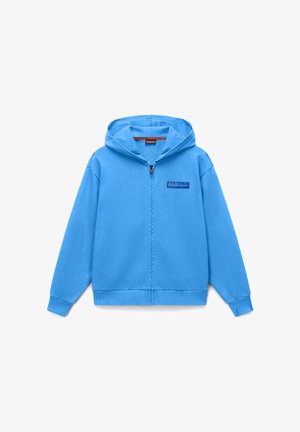 Blue zip-up hooded sweatshirt with long sleeves and a small rectangular logo patch on the left chest.