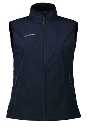 Gilet softshell navy avec un col haut, une fermeture éclair à l'avant et deux poches zippées sur les côtés. Texture lisse et sans manches pour un mouvement facile.