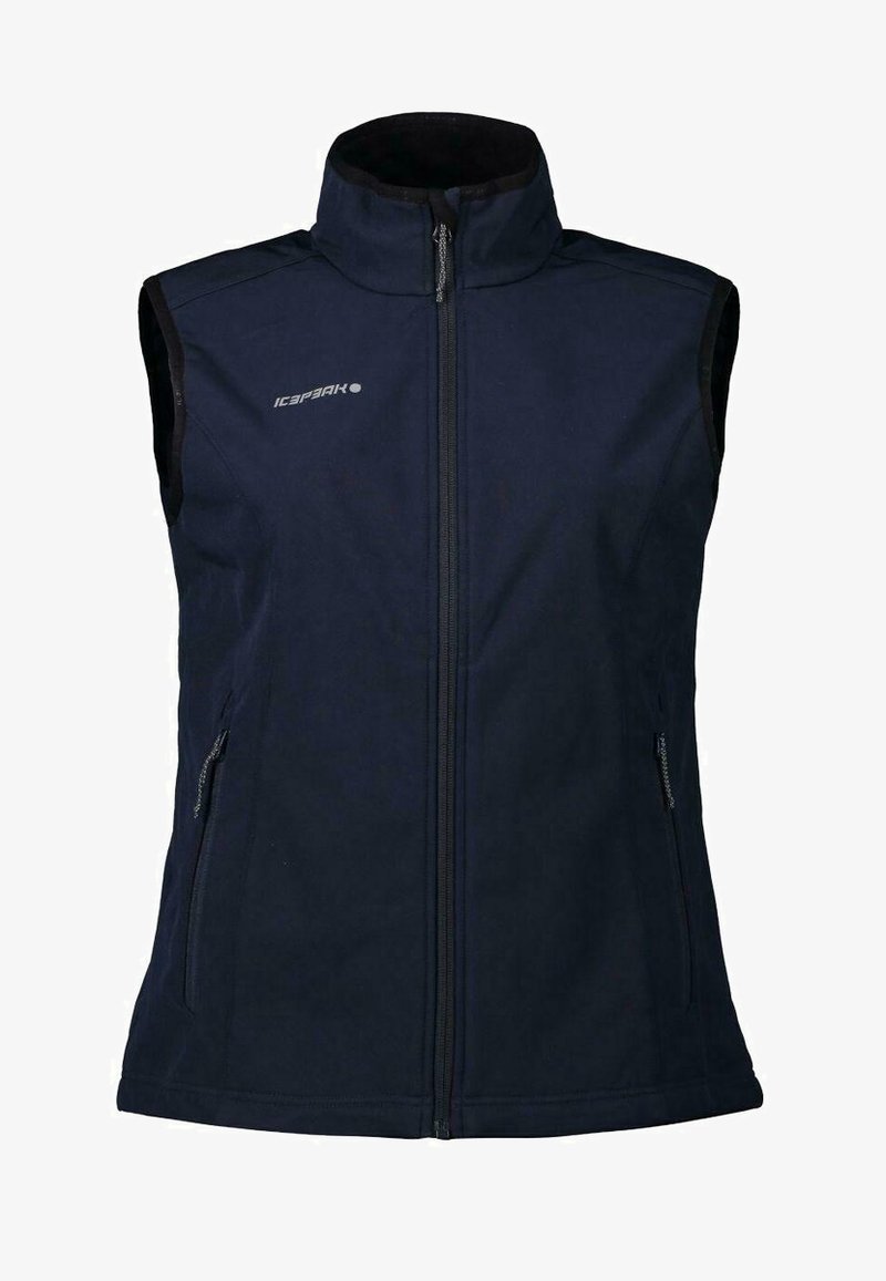 Navy softshell vest with a high collar, front zipper, and two side zip pockets. Smooth texture and no sleeves for easy movement.