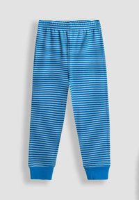 Pantaloni de pijama albaștri cu dungi verticale albe, prezentând un talie elastică și manșete îngustate. Material moale și ușor oferă confort.