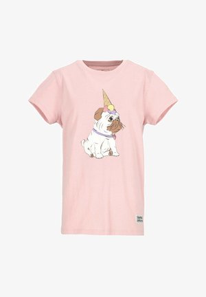 Pink cotton t-shirt featuring a cartoon pug wearing a cone hat with an ice cream scoop, outlined in black, with a purple collar and tag.