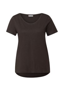 T-shirt nera a maniche corte con scollatura a barca. Realizzata in tessuto morbido, presenta un orlo dritto e una vestibilità rilassata. Nessun motivo o dettaglio visibile.