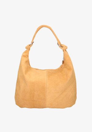 Sac à main en daim jaune avec une texture douce, doté d'une poignée nouée et d'accents métalliques argentés. Forme arrondie avec fermeture éclair.