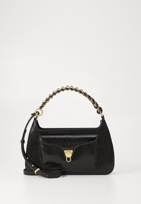 Borsa a tracolla in pelle nera con finitura testurizzata, hardware dorato, tasca frontale e manico decorato con catena. Include una tracolla regolabile.