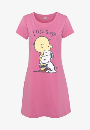 Rosa Baumwollnachtwäsche mit runder Halslinie und kurzen Ärmeln, die ein bedrucktes Design eines Charakters zeigt, der Snoopy umarmt, sowie den Text "Ich mag Umarmungen."