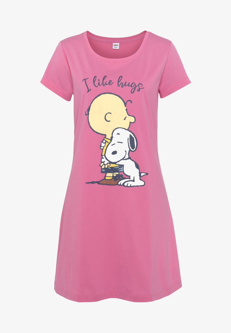 Pink cotton nightdress with a round neckline and short sleeves, featuring a printed design of a character hugging Snoopy and the text "I like hugs."
