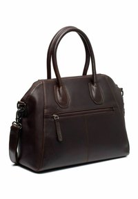 Borsa a mano in pelle marrone con doppio manico superiore, tracolla rimovibile, chiusura con zip e una tasca esterna con zip. Texture liscia con cuciture a contrasto.