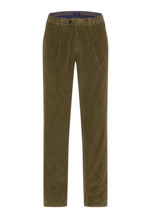 Pantaloni in corduroy verde oliva con taglio dritto, dotati di due pieghe frontali, chiusura con bottone e una texture sottile su tutta la superfice.