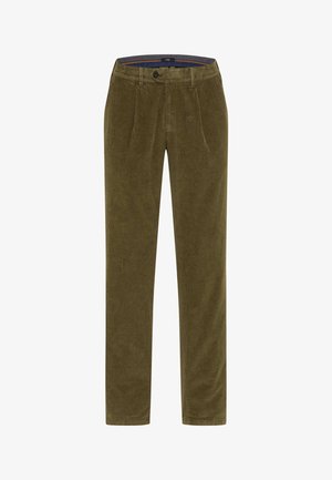 Pantaloni in corduroy verde oliva con taglio dritto, dotati di due pieghe frontali, chiusura con bottone e una texture sottile su tutta la superfice.