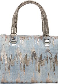 Denim handtas met metallic accenten, voorzien van een sequins patroon in tinten van roségoud en brons, en gestructureerde, patroonhandvaten.