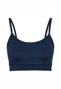 Marinblå bralette gjord av slätt, elastiskt tyg med tunna remmar och ett brett band. Enkel design utan dekorationer eller mönster.