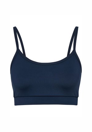 Marineblauwe bralette van glad, elastisch materiaal met dunne bandjes en een brede band. Eenvoudig ontwerp zonder versieringen of patronen.