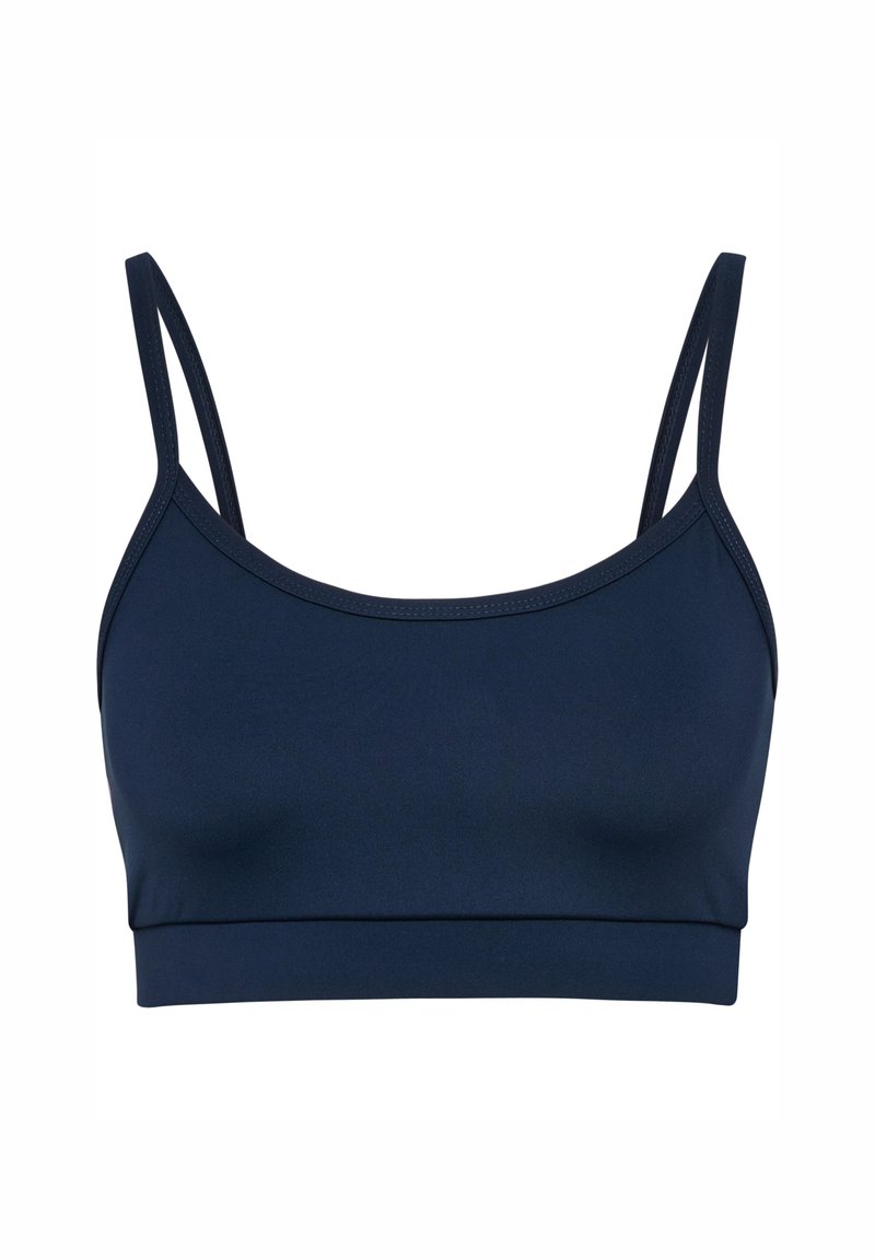 Marinblå bralette gjord av slätt, elastiskt tyg med tunna remmar och ett brett band. Enkel design utan dekorationer eller mönster.