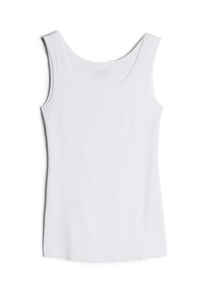 Weißes Tanktop aus weichem Stoff mit rundem Ausschnitt und ärmellosem Design. Der Saum ist gerade und hat keine zusätzlichen Akzente.