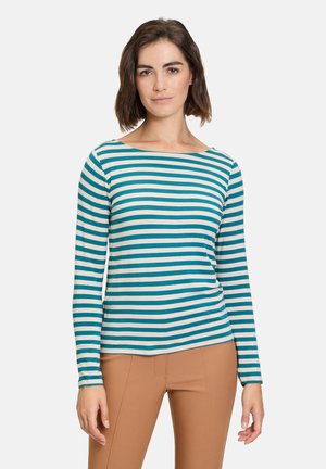 Langarm-T-Shirt mit Rundhalsausschnitt in Türkis- und Cremestreifen, das eine weiche Textur und einen leicht lockeren Schnitt aufweist.