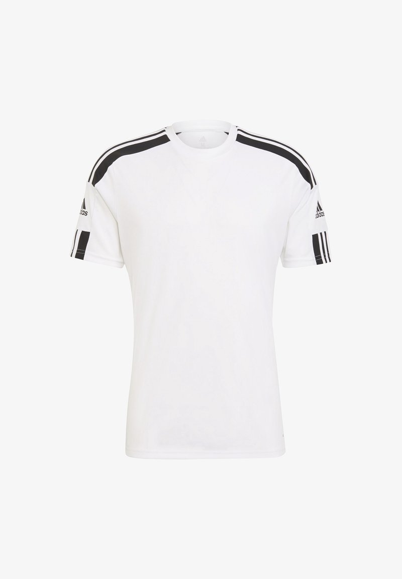 Maglietta atletica bianca a maniche corte, con strisce orizzontali nere sulle spalle e logo Adidas sulla manica sinistra. Tessuto morbido.