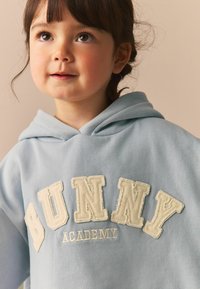 Világoskék kapucnis pulóver, amelynek elülső grafikai eleme "BUNNY" feliratot tartalmaz tejfehér, texturált betűkkel, alatta pedig "ACADEMY" olvasható. A pulóver kenguru zsebbel rendelkezik.