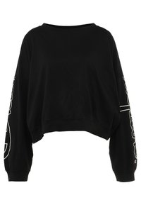 Schwarzes, kurzes Sweatshirt mit langen Ärmeln. Mit weißen Grafiken auf den Ärmeln. Hergestellt aus weichtexturiertem Baumwollstoff.