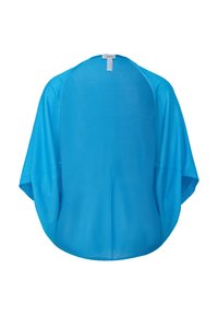 Lekki, przezroczysty, niebieski kardigan w stylu kimono z krótkimi rękawami i luźnym fasonem. Posiada okrągły dekolt i miękką fakturę.