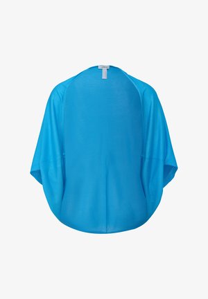 Cardigan en kimono léger et transparent de couleur bleue, avec des manches courtes et une coupe ample. Présente un col rond et une texture douce.