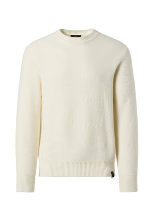 Maglione girocollo off-white con un motivo a maglia testurizzato, polsini e orlo a costine. Presenta un piccolo etichetta con il logo sul lato.