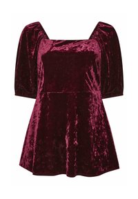 Burgundowa aksamitna sukienka z kwadratowym dekoltem, krótkimi bufkami i rozszerzanym dołem, charakteryzująca się miękką, gładką fakturą.
