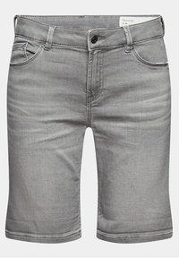 Short en denim gris avec poches avant, passants de ceinture et fermeture par bouton, taille W 28, présenté sur un fond neutre.