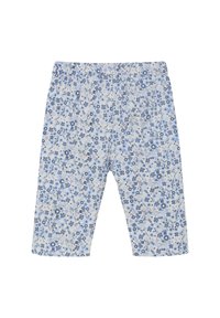 Lätta capribyxor i bomull med en vit bakgrund och blå blomstertryck. Elastisk midja för enkel påtagning.