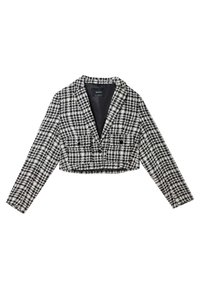 Klippt svartvitt rutigt blazer med lång ärm, notch-krage, framknappar och två fickor med klaff.