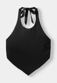 Svart halterneck-topp med en knuten ribbontopp, mjukt tyg och en åtsittande silhuett. Har en dold ficka på sidan.