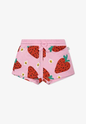 Pantaloni corti rosa con cintura regolabile, caratterizzati da una stampa di fragole con foglie verdi e piccoli accenti floreali. Tessuto morbido e elasticizzato.