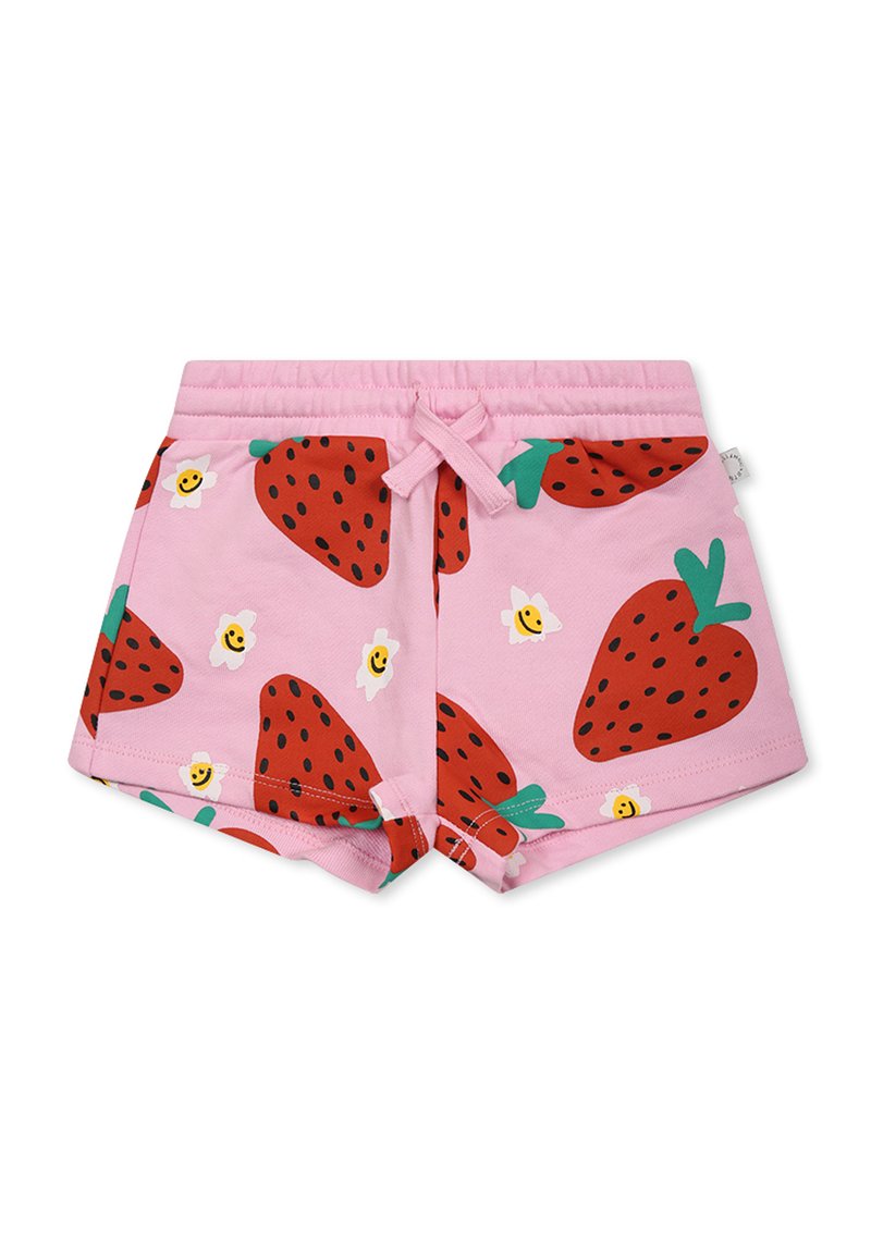 Pantaloni corti rosa con cintura regolabile, caratterizzati da una stampa di fragole con foglie verdi e piccoli accenti floreali. Tessuto morbido e elasticizzato.