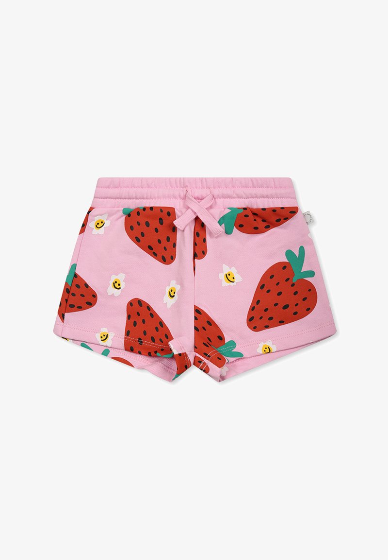 Pantaloni corti rosa con cintura regolabile, caratterizzati da una stampa di fragole con foglie verdi e piccoli accenti floreali. Tessuto morbido e elasticizzato.