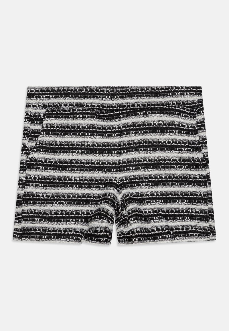 Black and white striped shorts with a textured fabric, featuring alternating thick and thin horizontal stripes. No visible hardware.