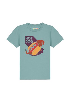 Hellblaues Kinder-T-Shirt mit einem Cartoon-Dackel in einem Hot-Dog-Brötchen und dem Text "HOT DOG" über dem Hund.