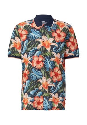 Korte mouwen polo shirt van katoen, met een marineblauwe achtergrond en levendige bloemenpatronen in rood, oranje en blauw.