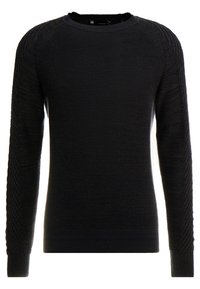 Svart långärmad stickad tröja med ribbade muddarna, strukturerat stickat mönster längs ärmarna och rund halsringning.