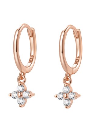 Boucles d'oreilles créoles en or rose avec un design de croix suspendue orné de quatre cristaux clairs étincelants. Texture lisse avec une finition polie.