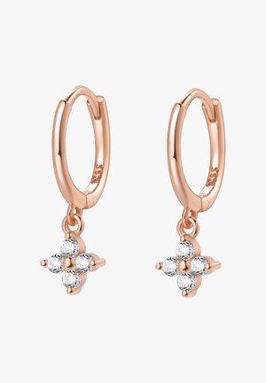 Pendientes de aro en oro rosa con un diseño de cruz colgante adornado con cuatro cristales claros brillantes. Textura suave con un acabado pulido.