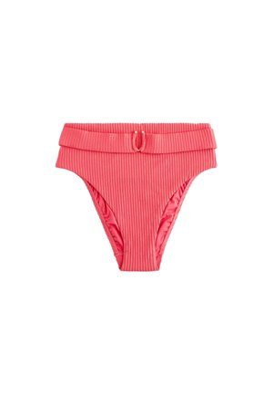 Coral ribbed high-waist bikini bottom with folded waistband and small fabric tie detail at center front.