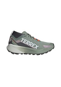 Baskets de running vertes avec une texture au-dessus, marquage Gore-Tex, logo "TERREX" blanc et semelle noire. Elles présentent une semelle intermédiaire rembourrée et des accents réfléchissants.