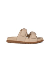 Beiga sandaler med två justerbara remmar, en texturerad ovandel och en platt, hållbar sula med ett mönster för bättre grepp.