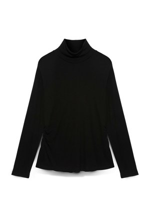 Schwarzes Langarm-Turtleneck-Oberteil aus weichem Stoff, mit lässiger Passform und gerafften Details an den Seiten. Glatte Textur und minimalistisches Design.