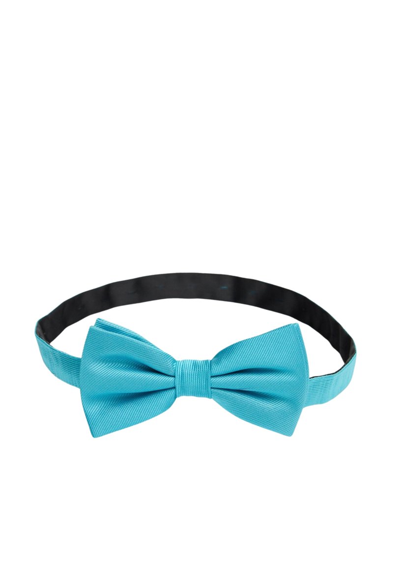 Turkos fluga tillverkad av texturerad tyg med ett justerbart svart band. Har en klassisk flugform och en slät yta.