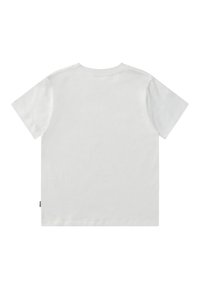 Camiseta blanca de manga corta con cuello redondo, hecha de algodón suave, presenta un corte recto y detalles de costura mínimos.