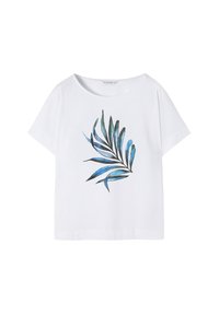T-shirt blanc à manches courtes avec un design de feuilles bleu et vert à l'avant. Tissu doux avec une coupe décontractée et un col rond.