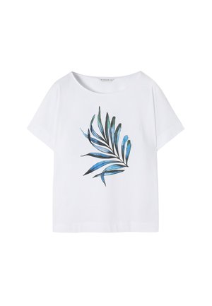 T-shirt blanc à manches courtes avec un design de feuilles bleu et vert à l'avant. Tissu doux avec une coupe décontractée et un col rond.