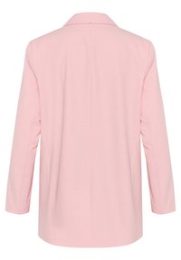 Rozā žakete, viegla auduma, ar ieplakotu apkakli, garām piedurknēm, pielāgota forma, vienvirziena aizmugures vents, vienkāršs dizains, bez redzamām detaļām vai akcentiem.