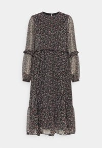 Czarna midi sukienka z różowym kwiatowym nadrukiem, przezroczyste długie rękawy, falbany w talii i u dołu, okrągły dekolt oraz elastyczne mankiety.