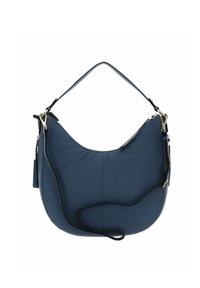 Sac à épaule en cuir bleu marine avec un silhoutte incurvé, quincaillerie dorée et une bandoulière amovible. Présente une surface texturée et une fermeture à glissière.